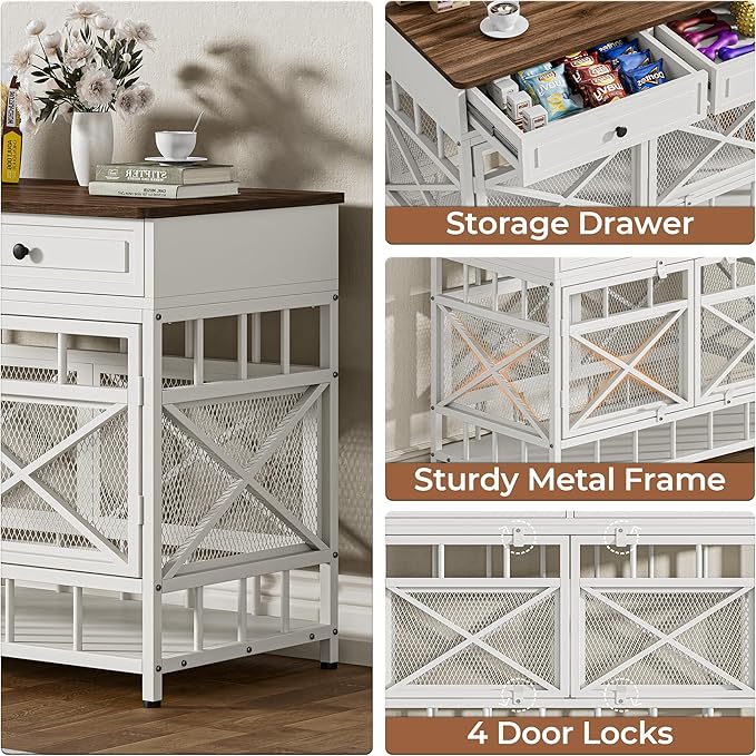 IRONCK 44 inch Large Dog Crate Furniture, Wooden Dog Kennel with Storage Drawers for Medium/Large Dogs, Decorative Dogs Kennel Indoor, White and Walnut