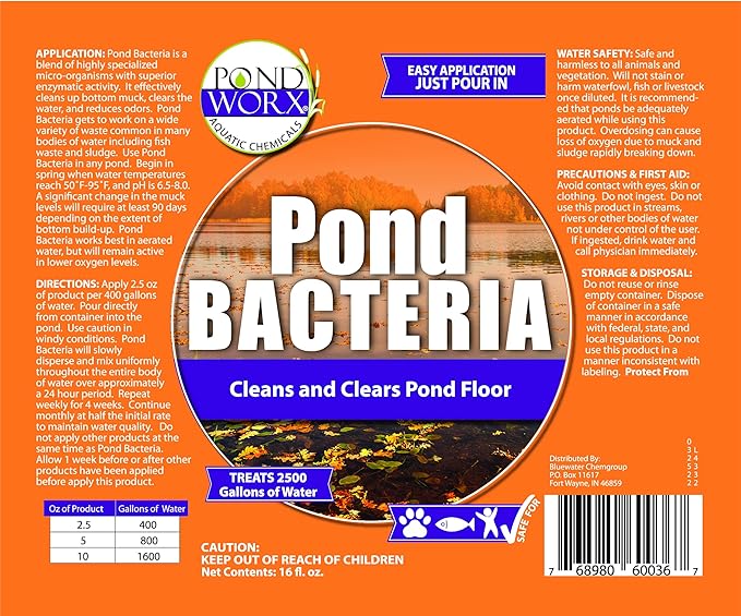 Pondworx Pond Bacteria - Concentrated & Formulated for Water Features - Safe for Koi - 16 Ounces & Treats up to 2,500 gallons of Water