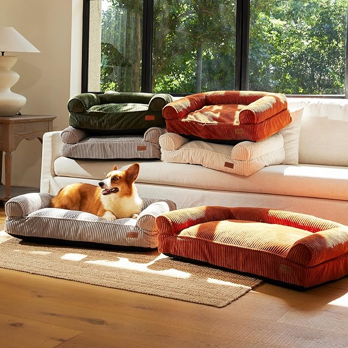 FUKUMARU Dog Couch Bed, Corduroy Cozy Cat Bed for Indoor Cats with Washable Cover, Supportive Waterproof Dog Beds Sofa for Small Dogs and Large Cats Cute, 28inch, Medium, Light Grey