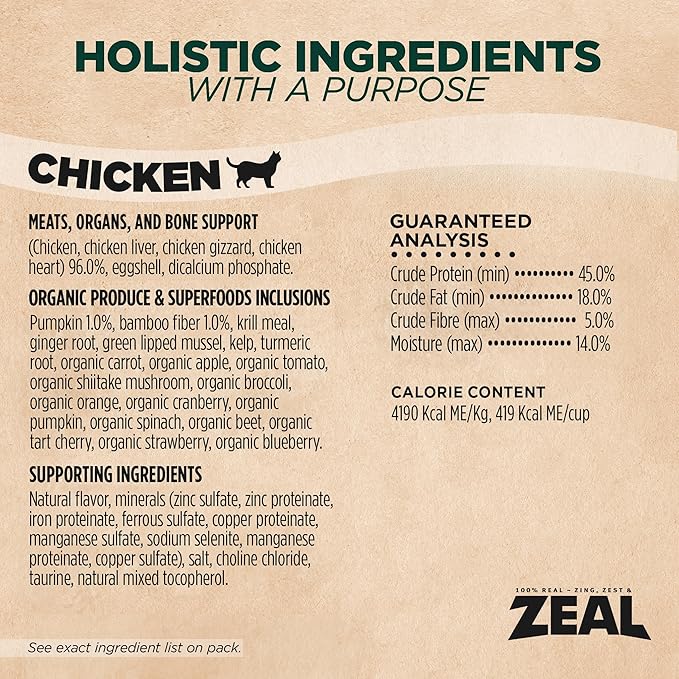 ZEAL Canada Air-Dried Cat Food Chicken Recipe - High Protein, Natural Superfoods, Nutrient Rich, No Fillers, Grain Free, Complete & Balanced (Chicken, 14.1 oz)