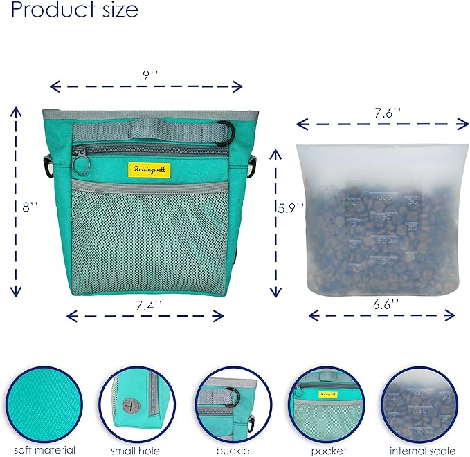 Dog Treat Pouch with Magnetic Closure 4-Cup Silicone Bag Fanny Pack Holder with Clicker 4 Ways to Wear Front Pocket Fits All Phones Ideal for Leash, Pet Walking and Training(Green)