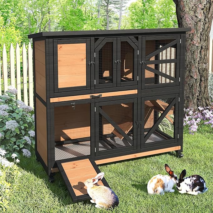 47.3" Two Story Rabbit Cage Bunny Cage Indoor, Wooden Rabbit Hutch Hamster Cages for Small Animals, Outdoor Guinea Pig Cages with Wheels & 2 Removable Trays & Bottom Wire Mesh