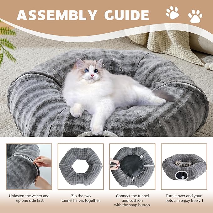 Bubble Cat Tunnel for Indoor Cats, Round Peekaboo Cave Toy with Dangling Balls, Donut Tunnel Bed with Circle Mat for Puppy Kitten Rabbit, Grey
