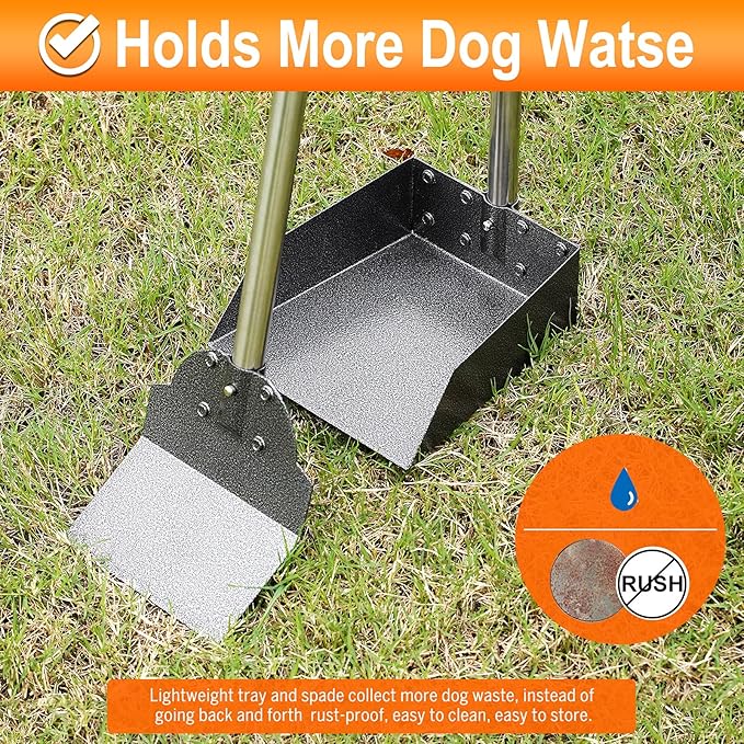 Pooper Scooper, Metal Aluminum Tray and Spade Poop Scoop Set with Adjustable Stainless Steel Long Handle, Pet Waste Removal Heavy Duty Poop Scooper (Small Tray&Spade)