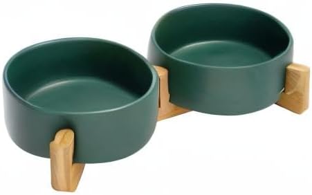 SPUNKYJUNKY Ceramic Dog and Cat Bowl with Wood Stand Non-Slip Matte Glaze Weighted Food Water Set for Cats &Small Dogs 13.5 OZ Green