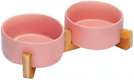 SPUNKYJUNKY Ceramic Dog and Cat Bowl with Wood Stand Non-Slip Matte Glaze Weighted Food Water Set for Cat Medium Dog 28.7 OZ