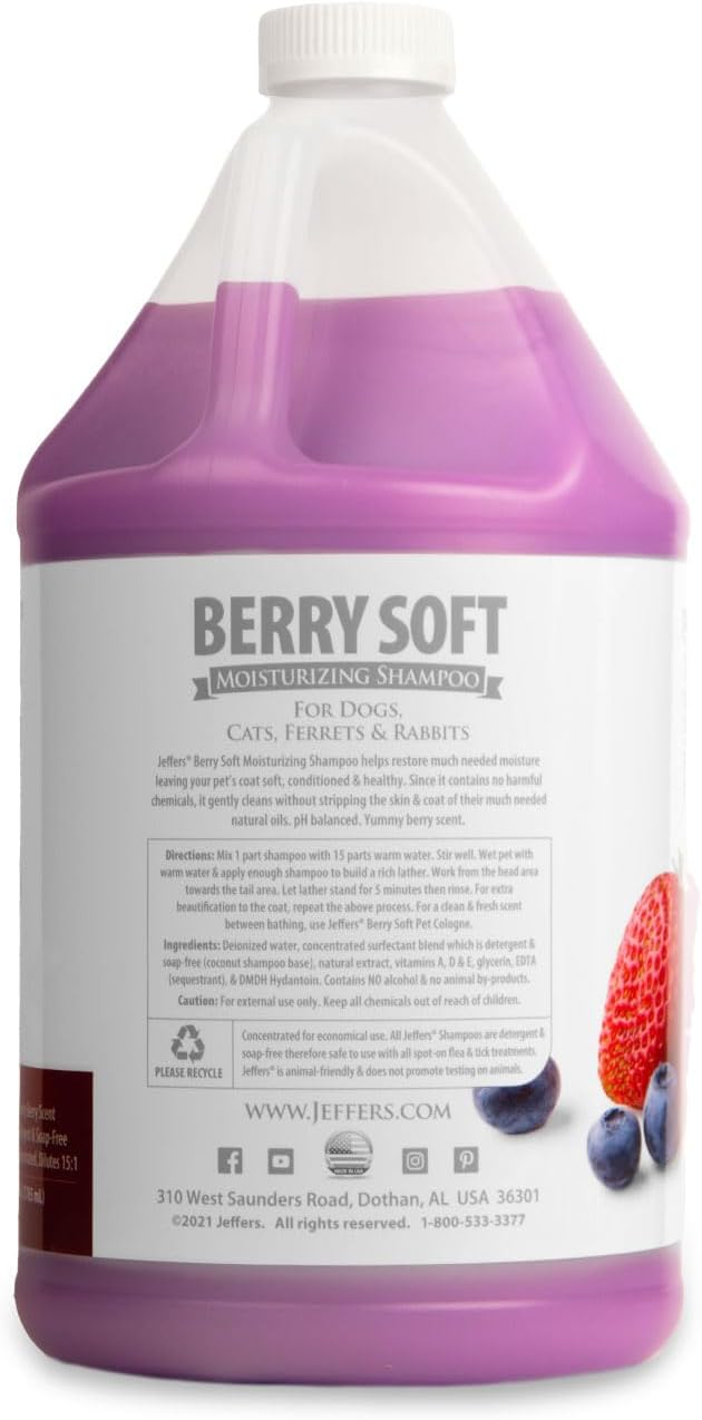 Jeffers Pet Moisturizing Berry Soft Shampoo – Soap Free & Detergent Free for Dogs, Cats, Rabbit & More – Coconut Base with Vitamins – Hydrating, Gentle & Nourishing for Healthy Coat, 1 Gallon
