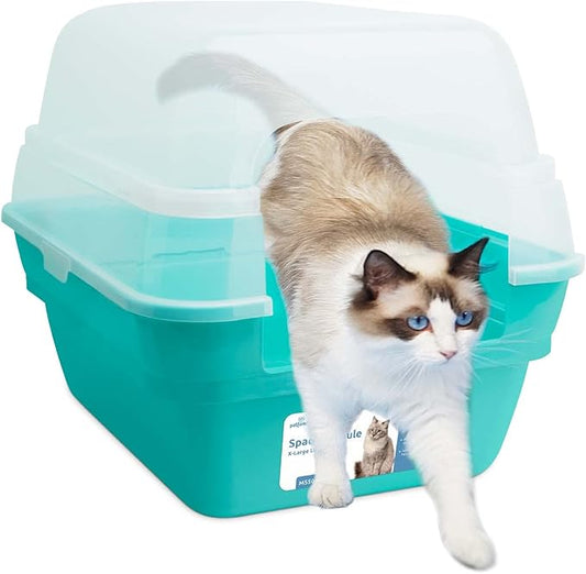 Petfamily Cat Litter Box, Large Foldable Jumbo Hooded Cat Litter Box with Transparent Lid (Teal)