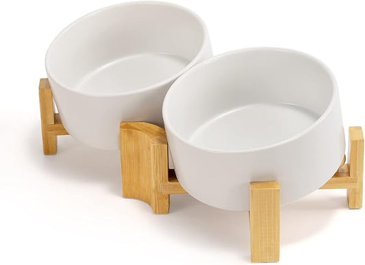 SPUNKYJUNKY 15° Slanted Ceramic Dog and Cat Bowl with Wooden Stand, Tilted Bulldog Food and Water Bowl No Slip Non-Spill for Cats Medium Dogs Big Face Pets 28.7 OZ (3.6 Cups, White × 2)