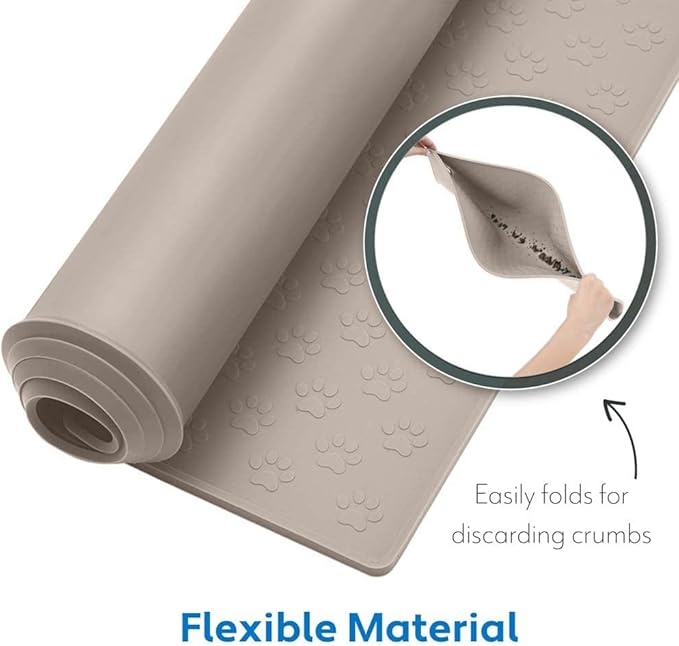 MIGHTY MONKEY 100% Waterproof Dog Food Mat, Raised Edges Silicone Pet Feeding Placemat for Cat, Dogs, Pet Bowls, High Lipped Tray Prevents Water Spills, Food on Floor, Dishwasher Safe, 24x16, Beige