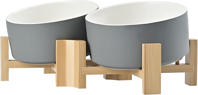 SPUNKYJUNKY 15° Slanted Ceramic Dog and Cat Bowl with Wooden Stand, Tilted Bulldog Food and Water Bowl No Slip Non-Spill for Cats Medium Dogs Big Face Pets 28.7 OZ (3.6 Cups, White-Grey × 2)