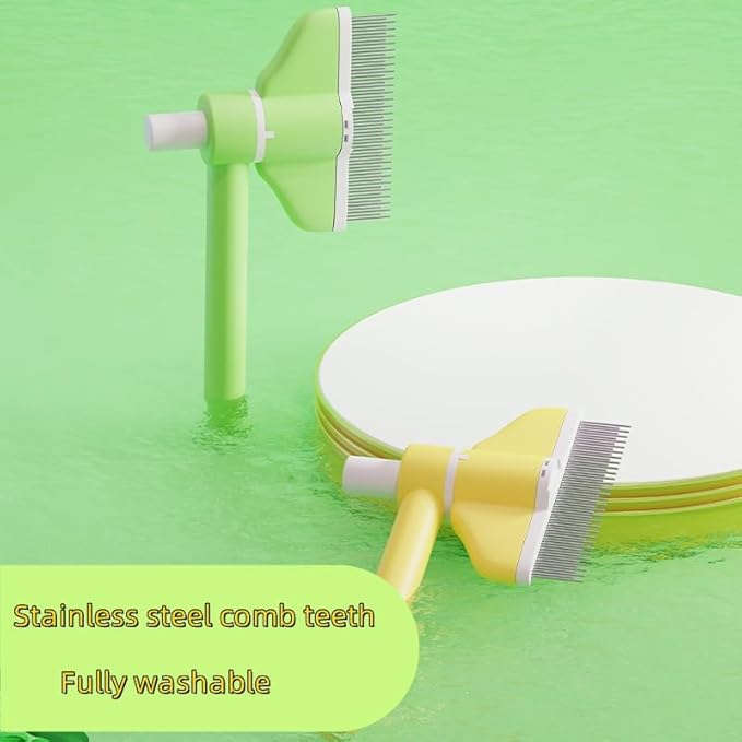 360° Press and Rotate Flea Comb for Cats and Dogs - Self-Cleaning Pet Hair Removal Tool with Release Button & Long-Short Stainless Steel Teeth for Shedding (Green and Yellow)