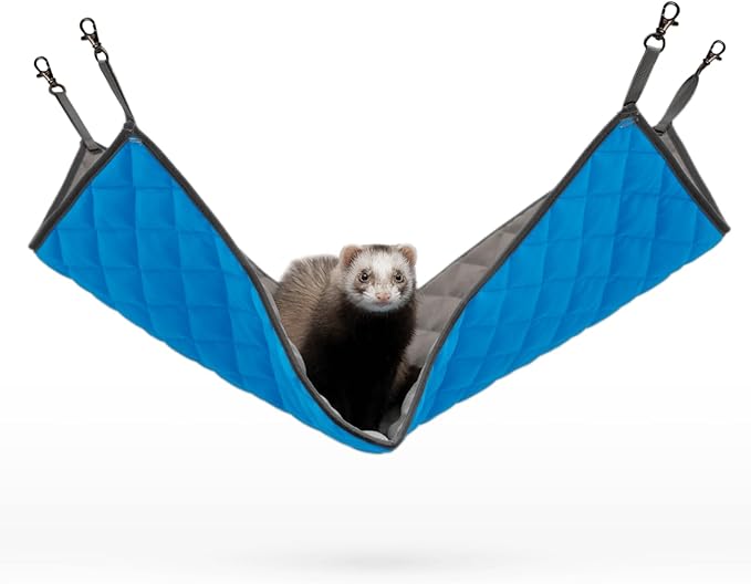 Paw Inspired Hanging Fleece Hammock for Ferrets, Rats, Chinchillas, Sugar Gliders, Small Pets | Hideout Toy for Guinea Pigs, Hamsters | Swivel Clips for Small Animal Cages (Gray/Blue)