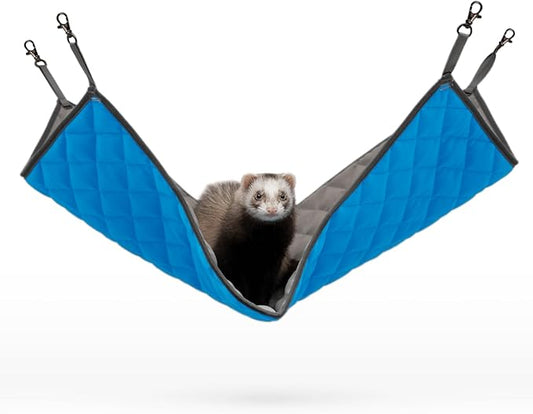 Paw Inspired Hanging Fleece Hammock for Ferrets, Rats, Chinchillas, Sugar Gliders, Small Pets | Hideout Toy for Guinea Pigs, Hamsters | Swivel Clips for Small Animal Cages (Gray/Blue)