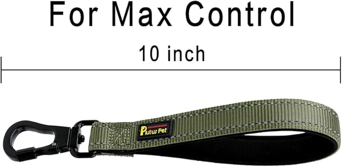 PLUTUS PET Short Dog Leash, Reflective Nylon Padded Handle, Strong Traffic Leash with Carabiner Clip, Perfect for Large or Medium Dogs (10”，Ranger Green)