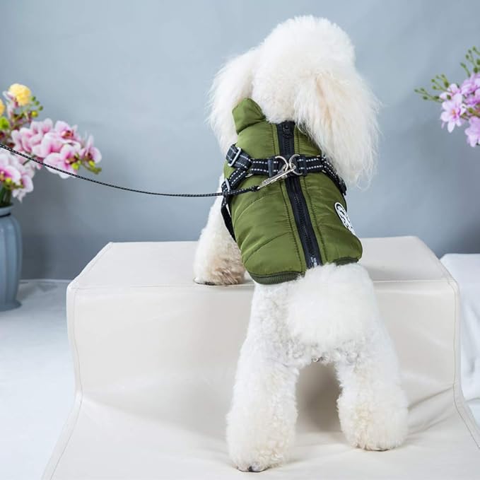 HDKUW Small Dog Jacket, Harness Winter Warm Vest Jacket Waterproof Cotton Costume for Puppy Small Dogs (XL, Green)