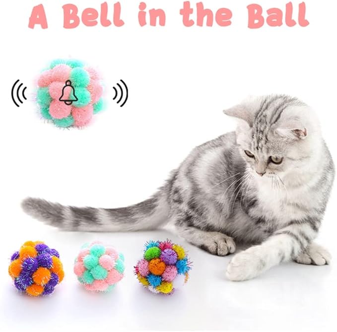 TUSATIY Cat Toys Ball with Bells 3PCS, Color Cat Pom Pom Balls,Tinsel Sparkle Balls,Interactive Toy for Indoor Cats Kitten