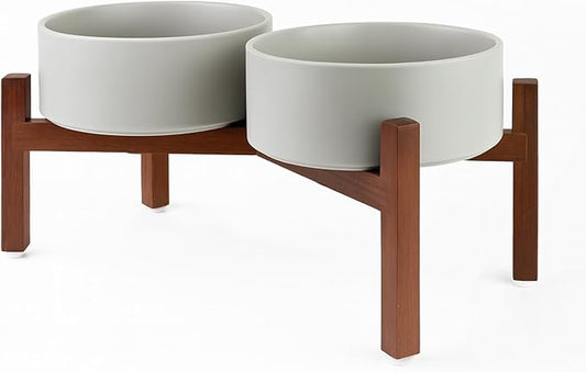 SPUNKYJUNKY Raised Ceramic Dog Bowls Set with Non-Slip Acacia Wood Stand for Medium Sized Dog(42.27 OZ, Gray)