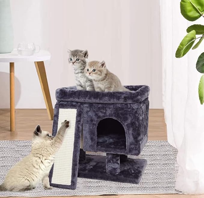SYANDLVY Small Cat Tree for Indoor Cats Large Adult, Activity Tower with Scratching Post, Modern House with Padded Perch, Kittens Condo with Board, Cat Cave (Smoky Grey)
