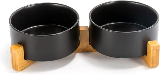 SPUNKYJUNKY Ceramic Dog and Cat Bowl Set with Wooden Stand, Modern Cute Weighted Food Water Set for Large Size Dogs (7.6 Cups, 2 × Black)