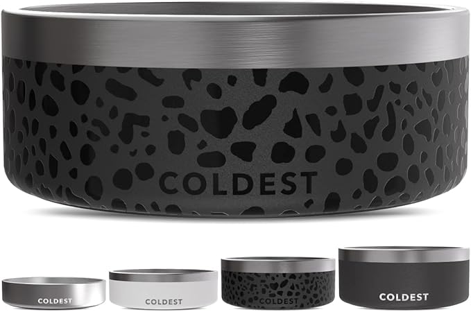 Coldest Dog Bowl - Anti Rust Metal, Non Slip, 3 Layers Insulated Stainless Steel Dog Bowls - Spill Proof & Heavy Duty - Water Bowl for Dogs, Cats & Pets, Dish Washer Safe (64 oz, Black Leopard)
