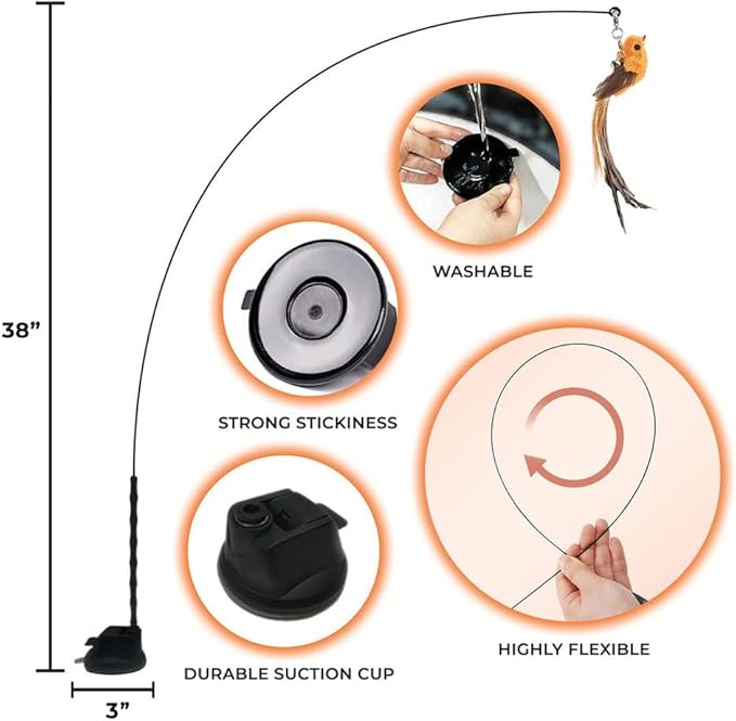 Interactive Bird Simulation Cat Toy Set, Interactive Cat Toy for Indoor Cats, Cat Feather Toy, Suction Cup, Weighted Base, 5 Replacement Birds, Feathers & Bells, Realistic Bird Impression