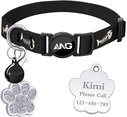Personalized Breakaway Cat Collars Glow-in-The-Dark with ID Tag, Bell - Safety Quick - Release, Customizable for Female Male Kittens & Cats (Black)