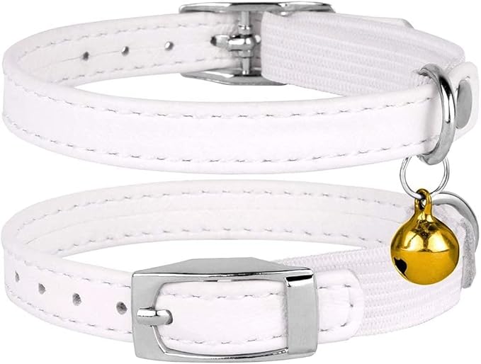 CollarDirect Leather Cat Collar, Cat Safety Collar with Elastic Strap, Kitten Collar with Bell Black Blue Red Orange Lime Green (8-11 Inch, White)