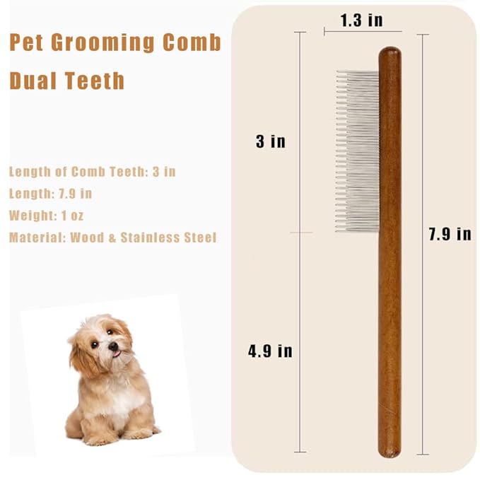 Dog Cat Comb with Solid Wood Handle Stainless Steel Teeth, Professional Pet Grooming Supplies Accessories Perfect for Honghair Hairy Pets