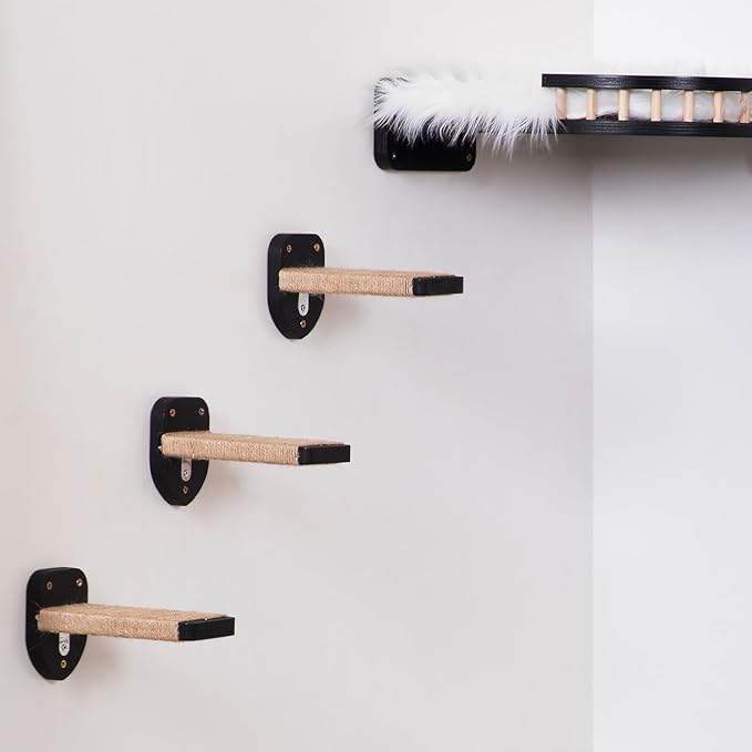 3-in-1 Cat Wall Steps - Climbing Wall Furniture & Shelves with Hemp Rope, Solid Wood Cat Ladder (Standard-Black)