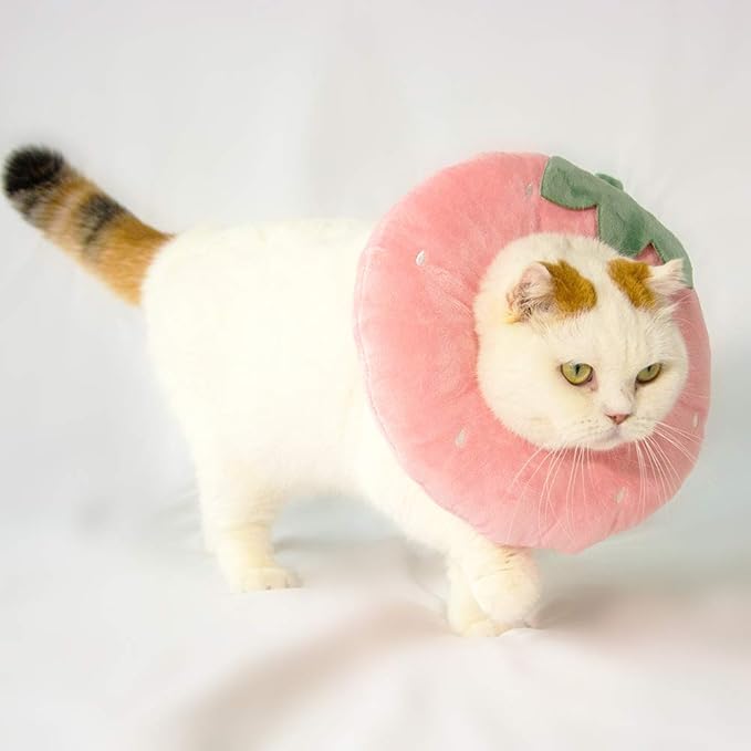 Adjustable Cat Recovery Collar Soft,Cute Pet E-Collar Neck Cone After Surgery Wound Healing Protective Cone Fit for Kitties, Small Dogs(ELC05-strawberry-s)