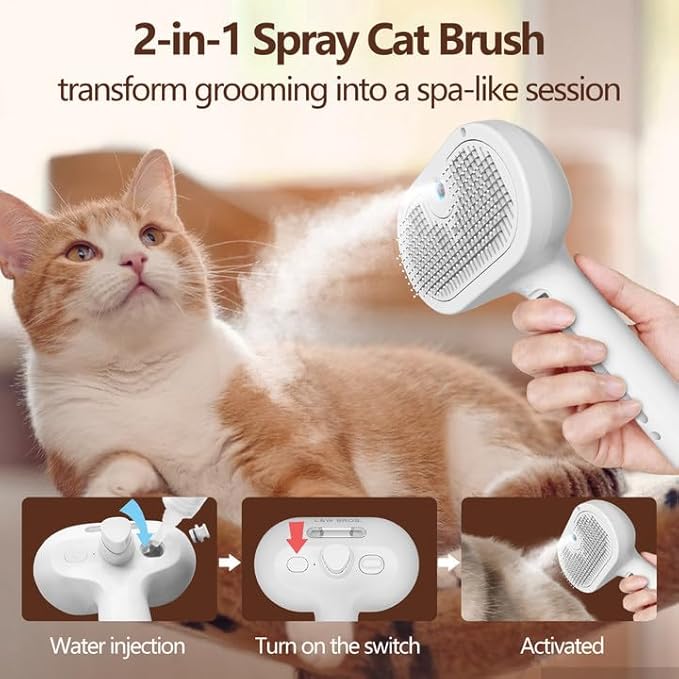 L&W BROS. Steam Grooming Brush for Shedding and Detangling – Self-Cleaning Steamy Pet Brush with Mist Spray for Long-Haired Cats and Small Dogs (White)