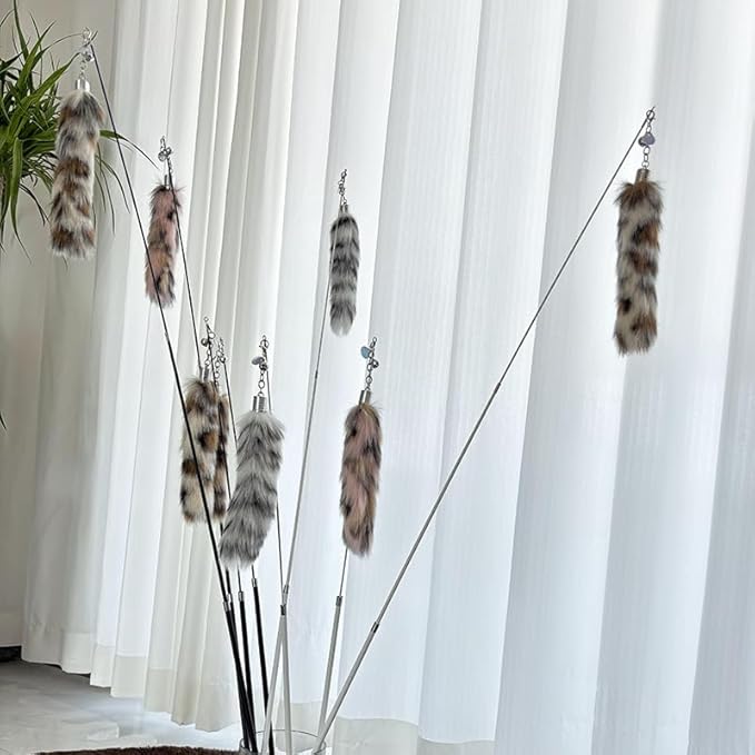 Interactive Cat Wand Toy with Cat Dancer, Retractable Feather Fox Tail Teaser for Indoor Cats, Enrichment Play Kittens to Senior Cats (Soft Pink)