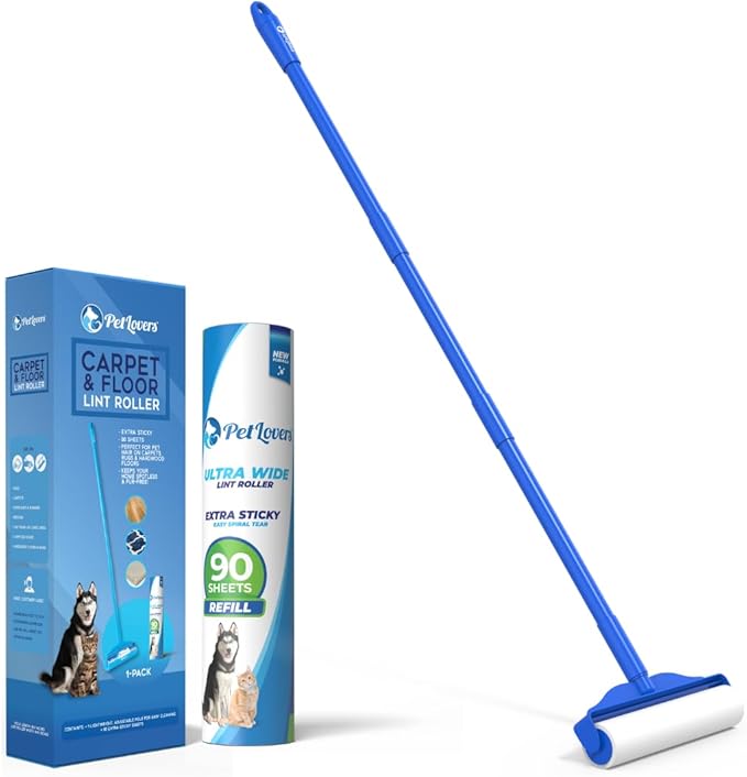 PetLovers Large Lint Roller – 90 Extra Sticky Sheets for Pet Hair Removal, Extra Large Floor and Carpet Roller for Homes with Pets, Perfect for Floors, Furniture, and Loving Pet Owners