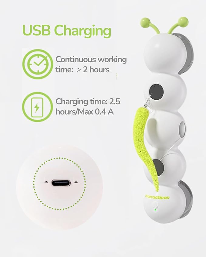 Interactive Caterpillar Cat Toy, Motion Sensor, Simulation of Biological Trajectory, ABS, USB Rechargeable, Stable Suction Cup, Cat Feather Toys for Indoor Cats, Caterpillar Smart Toy with 2 Tails