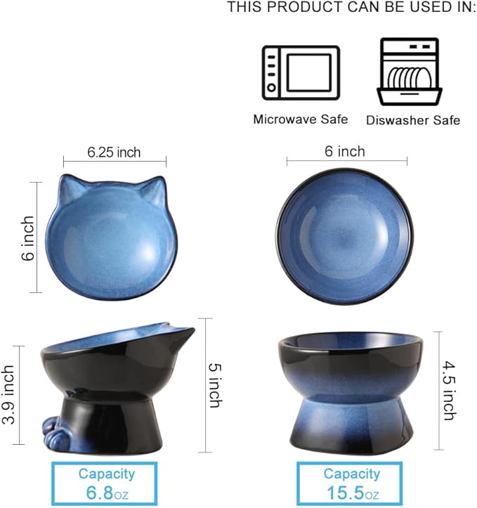 Nihow Elevated Cat/Dog Bowls Set : 6.2 Inch Ceramic Raised Cat Food & Water Bowl Set for Protecting Pet's Spine - Feeding & Watering Supplies for Cat/Small Size Dog - Elegant Blue & Black (2 PC)