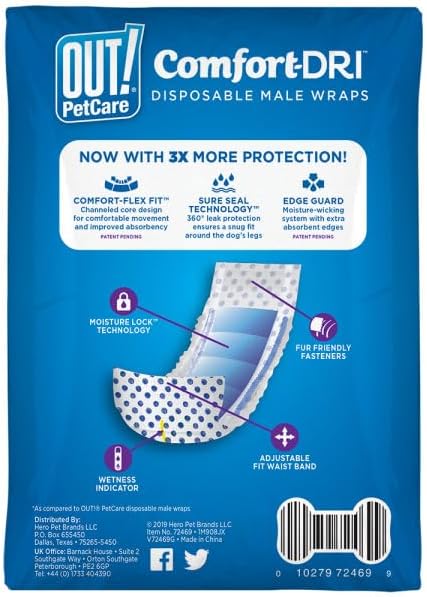 Out! PetCare Disposable Dog Diapers Male, Puppy Belly Band, Potty Training, Doggie Diapers, Belly Bands for Male Dogs, Puppy Training, Incontinence, (XS/S, 12ct)