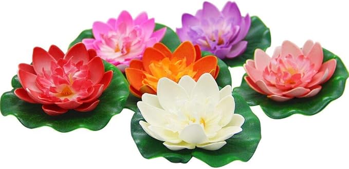 Happy Trees 12 Pcs Artificial Floating Foam Lotus Flower with Water Lily Pad, Lifelike Ornanment Home Garden Pond Decor Indian Decorations Return Gifts