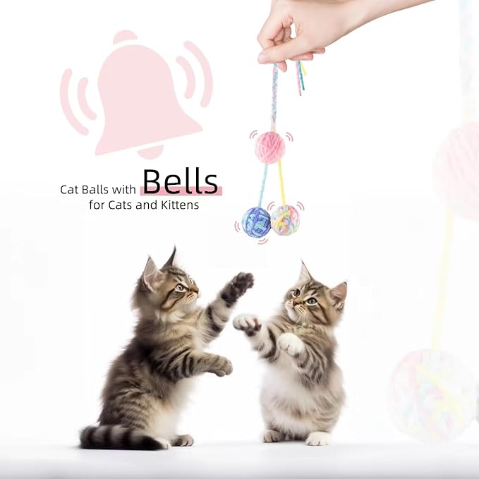 TUSATIY 9PCS Cat Ball Toy, Multi-Colored Cats Fuzzy Balls & Woolen Yarn Kitten Toys Balls with Bell Inside,Soft Interactive Cat Toys for Indoor Cats Self Play