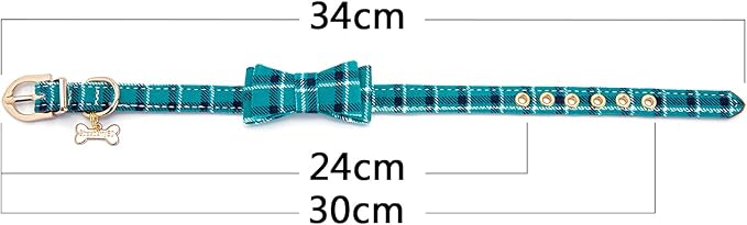 Puppy Collars for Small Dogs - StrawberryEC Adjustable Puppy Id Buckle Collar Leather. Cute Plaid Bandana Dog Collar (Bow-Peacock Green)