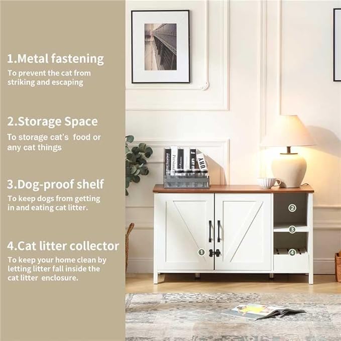 41.3'' Cat Litter Enclosure,Adjustable Shelf for Dog Proof and Storage,Locks Added for Cat, Litter Collector,Small Indoor Cat House,Antique White