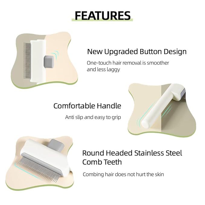 Marchul 2Pcs Pet Comb Flea Comb Set for Cats Dogs, Cat Grooming Brush with Release Button and Stainless Steel Round Teeth, Self-Cleaning Dog Combs for Removing Pet Hair, Knots & Loose Fur, White