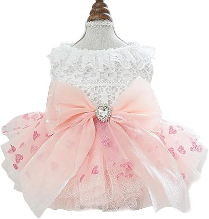 Pink Dog Dress for Small Dog Girl Spring Puppy Clothes with Bow Puff Sleeves Cat Outfit Doggy Princess with Leash Ring Doggies Harness Dress Summer Pet Apparel (Pink White, Medium)