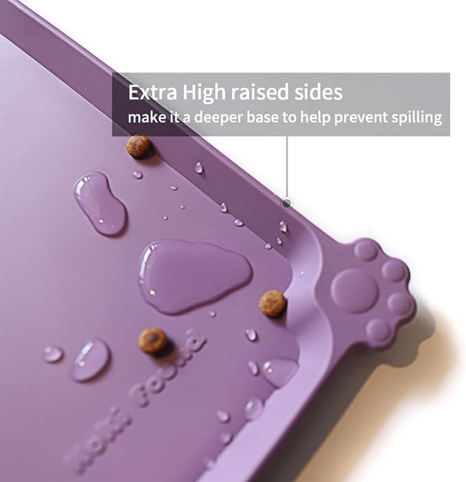 Hoki Found L Silicone Pet Food Mats Tray with Higher Lips- Non Slip Dog Cat Bowl Mats Placemat - Pet Feeding Mat - Waterproof Dog Cat Food Mats -Pet Water Mats for Carpet -Amethyst
