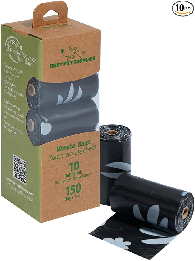 Best Pet Supplies Poop Bags for Dogs, 50% Post-Consumer Recycled Content dog waste bags on rolls, fits all poop bag holders for leashes - Black, 150 Count, Unscented