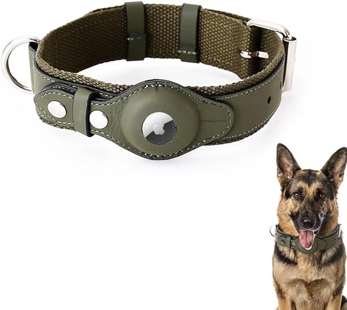 AirTag Dog Collar Soft Leather Webbing Dog Collar for AirTag Provides Double Protection for Small Medium and Large Dogs(Green,M)