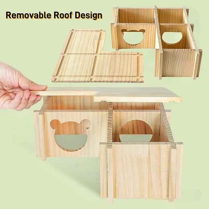 Natural Wooden Hamster House Hideout Multi-Chamber Hamster Maze Tunnel Detachable Small Pet House Habitats Exploring Toys for Dwarf Hamster, Hedgehog, Rats, Gerbils, Mice, Guinea Pigs
