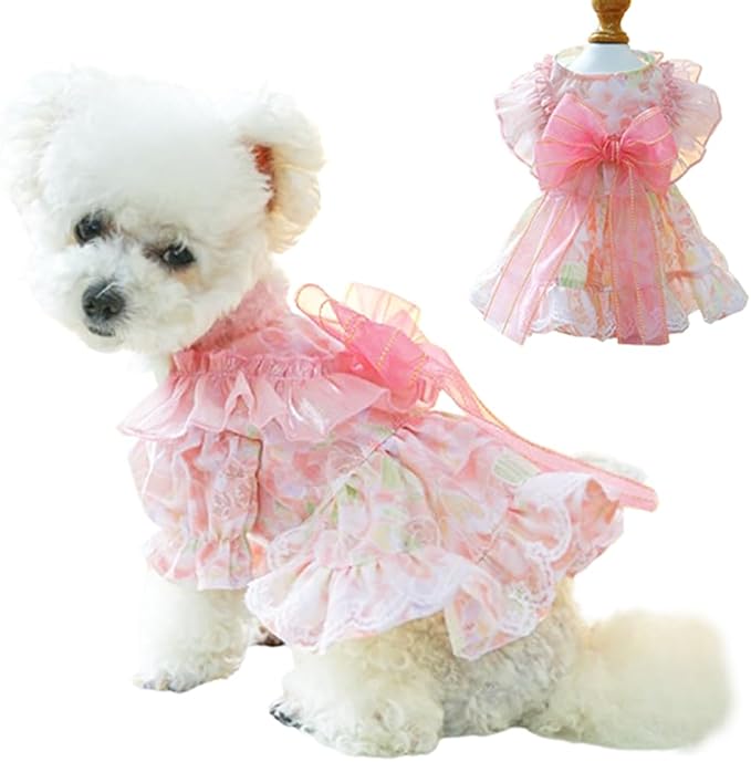 Pink Dog Dress for Small Dog Girl Spring Puppy Clothes with Bow Puff Sleeves Cat Outfit Doggy Princess with Leash Ring Doggies Harness Dress Summer Pet Apparel (Pink, X-Large)