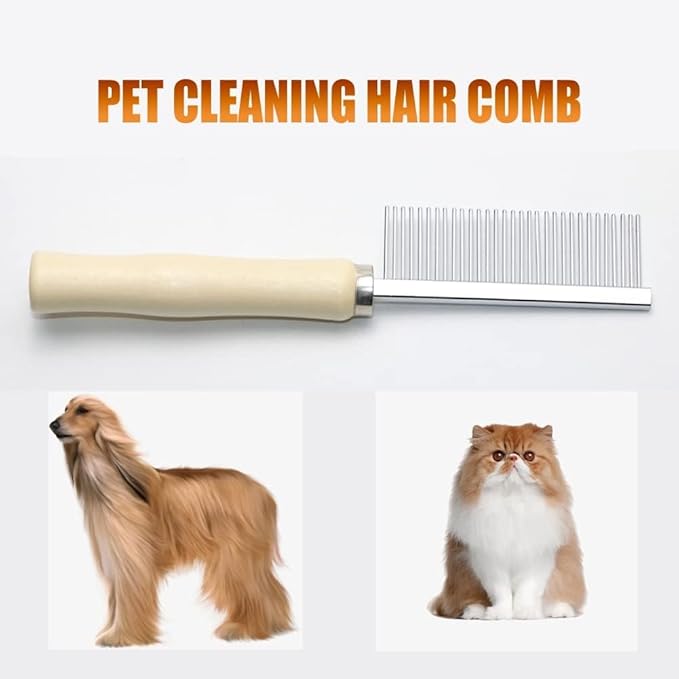 Pet Comb for Dog Cat Rabbit Grooming, Dog Stainless Steel Combs with Wooden Handle, Small Cat Flea Lice Comb for Removes Mats, Tangles and Loose Fur