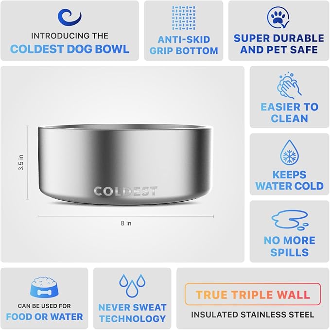 Coldest Dog Bowl - Anti Rust Metal, Non Slip, 3 Layers Insulated Stainless Steel Dog Bowls - Spill Proof & Heavy Duty - Water Bowl for Dogs, Cats, Dish Washer Safe (64 oz, Polished Stainless Steel)
